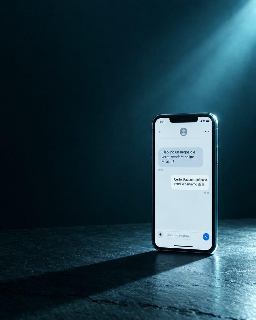 Un telefono con una conversazione: un titolare chiede aiuto per vendere online